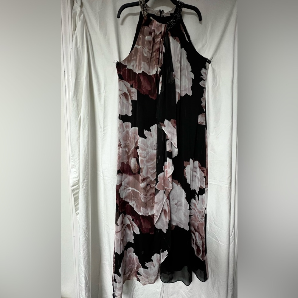 SLNY Black and Pink Floral Maxi Dress